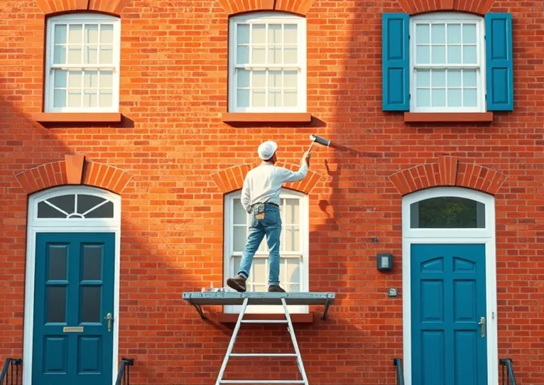 Peintre sur échafaudage traitant la façade d'une maison